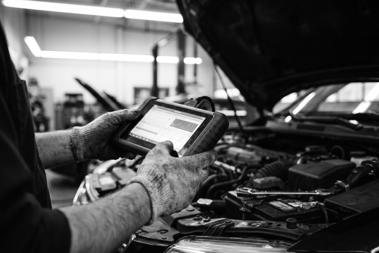 Skilled technician running computer diagnostics on a vehicle at the BASS Auto Repair shop in Lynn, MA